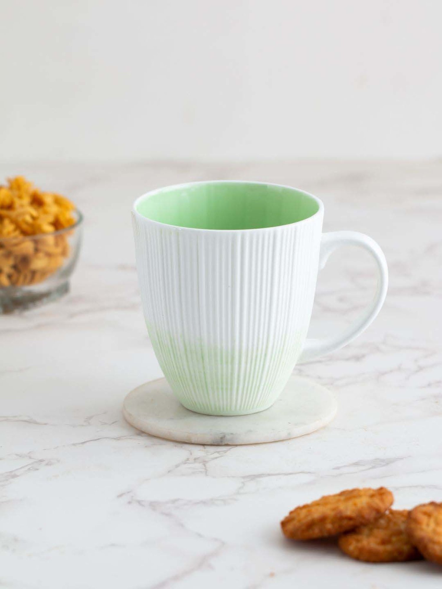 Clay Craft Vertis White & Green Ceramic Mug (0.35 L) - Set of 2
