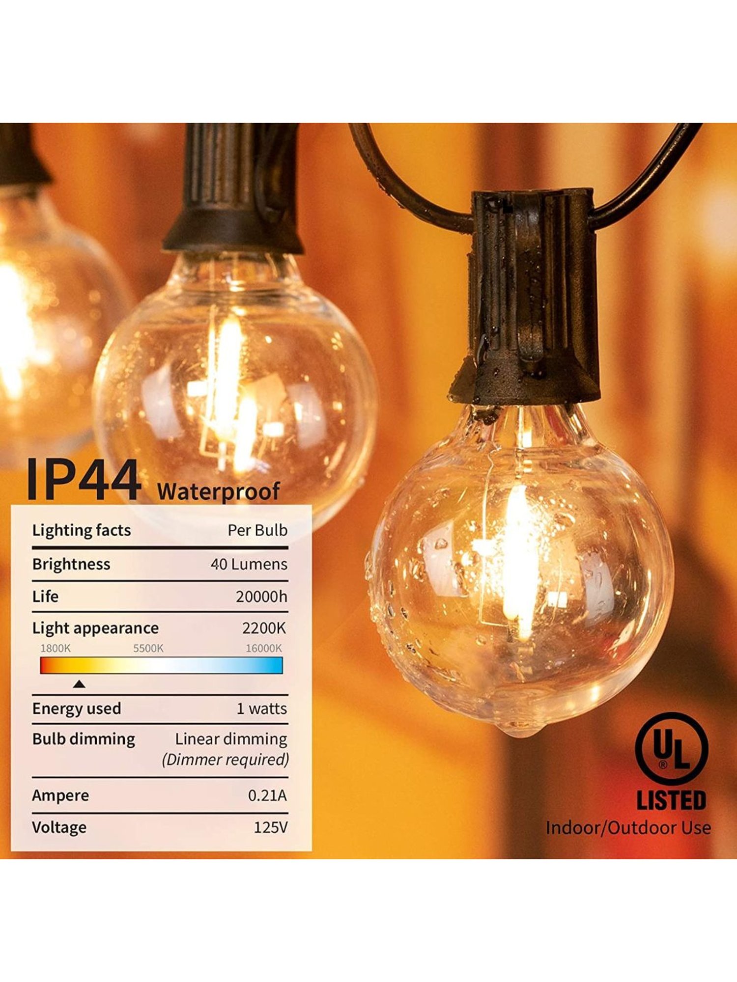 XERGY Outdoor String Lights 25 Feet G40 Globe Patio Lights with 26 Edison Glass Bulbs (Yellow)