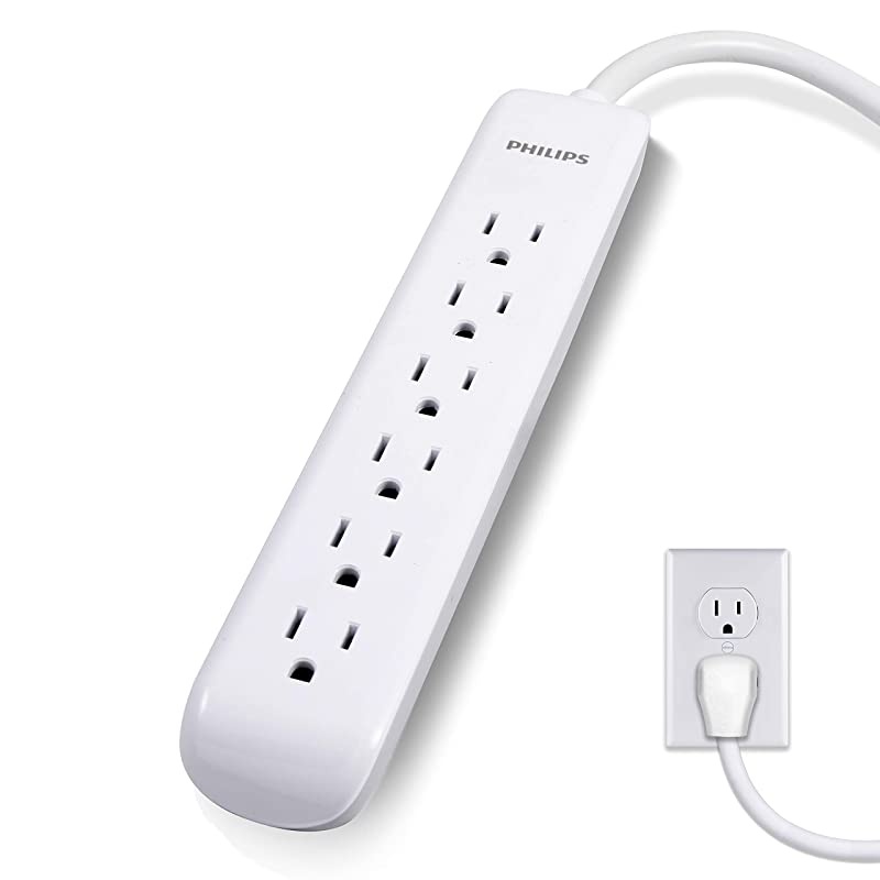 6 Outlet Power Strip Surge Protector, 4ft Power Cord, Flat Plug, Wall Mount, 720 Joules, ETL Listed, Circuit Breaker, Automatic Shutdown, White, SPP3064WE/37