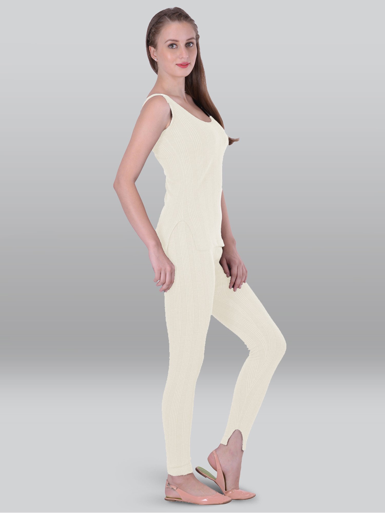 LUX Inferno Grey & Off-White Striped Thermal Tank Top Leggings Set - Pack Of 2