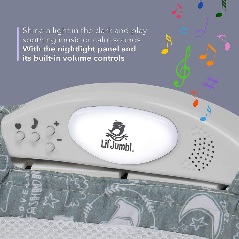 Lil&rsquo; Jumbl Snuggle Nest Bed, Foldable Baby Travel Bassinet Sleeper, Hanging Toy, Built-in Night Light, Music Player, Pillow, Matters & Carry Handle Included, Comfortable Portable Washable Baby Lounger