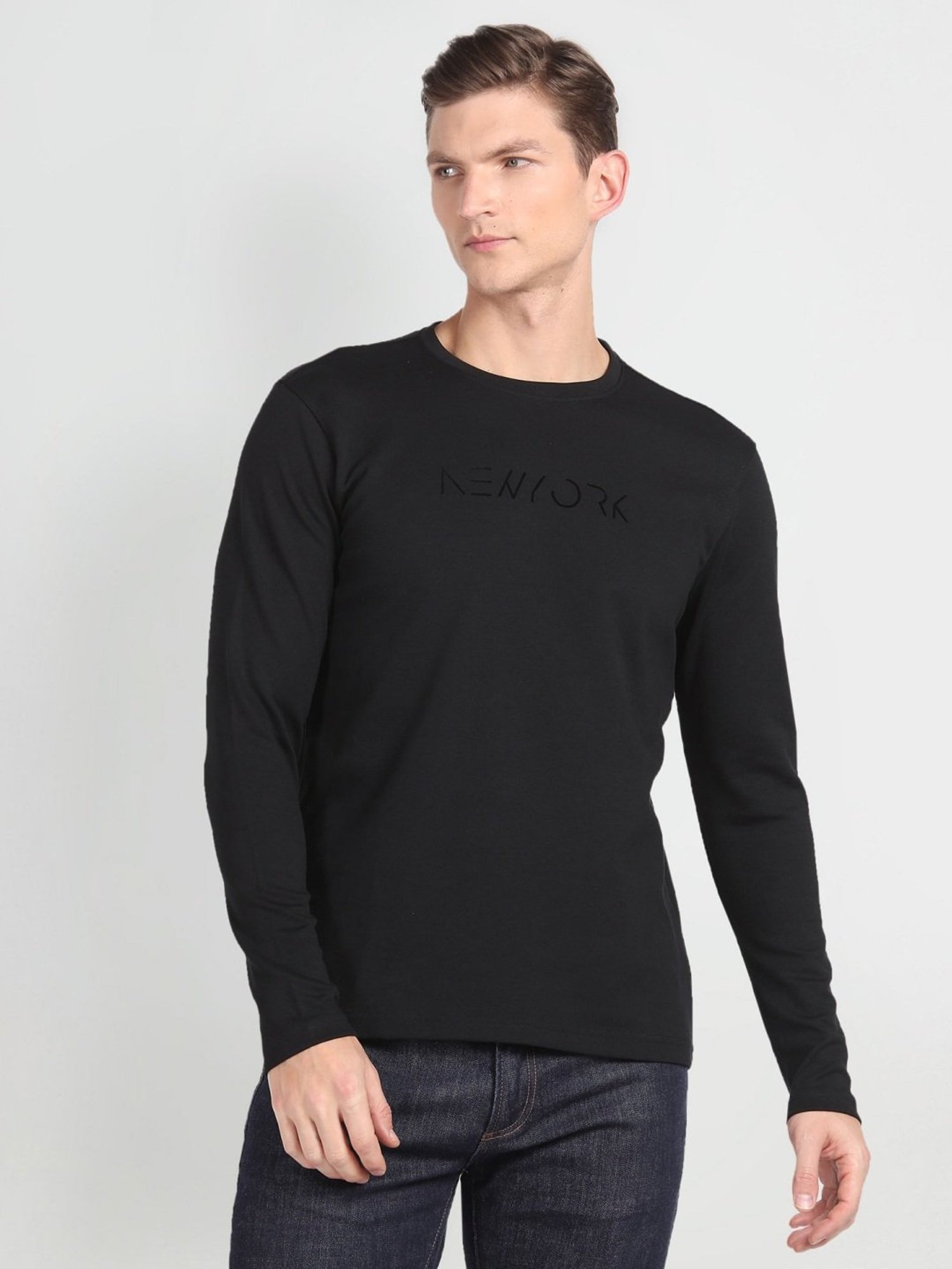Arrow Newyork Black Cotton Regular Fit Printed T-Shirt