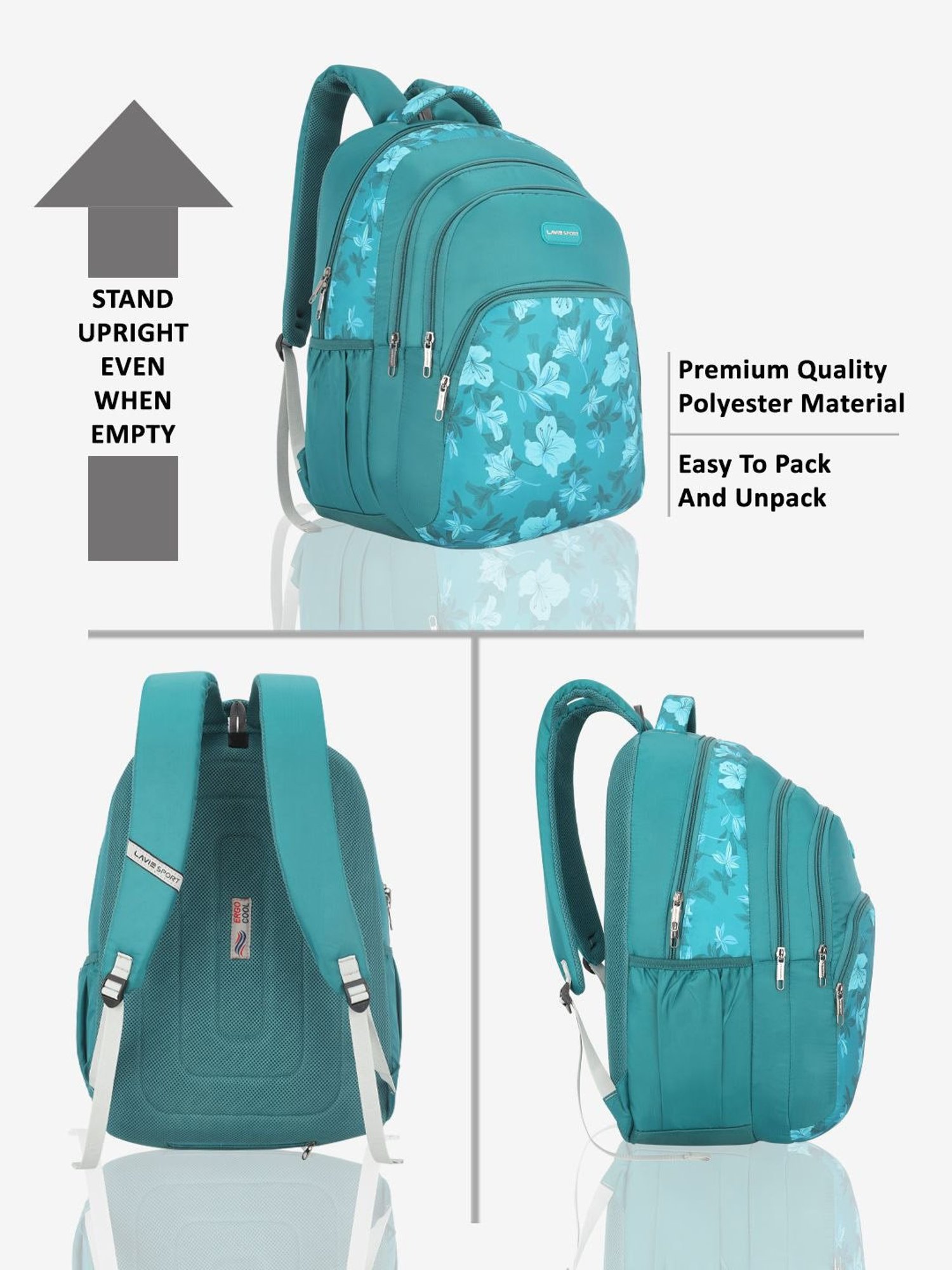 Lavie Sport Cherry Blossom 39L Printed School Backpack with Rain cover for Girls (Teal)