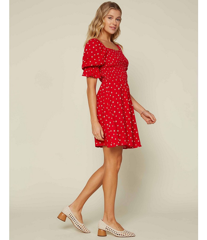 Skies Are Blue Floral Print Square Neck Short Sleeve Smocked Mini Dress