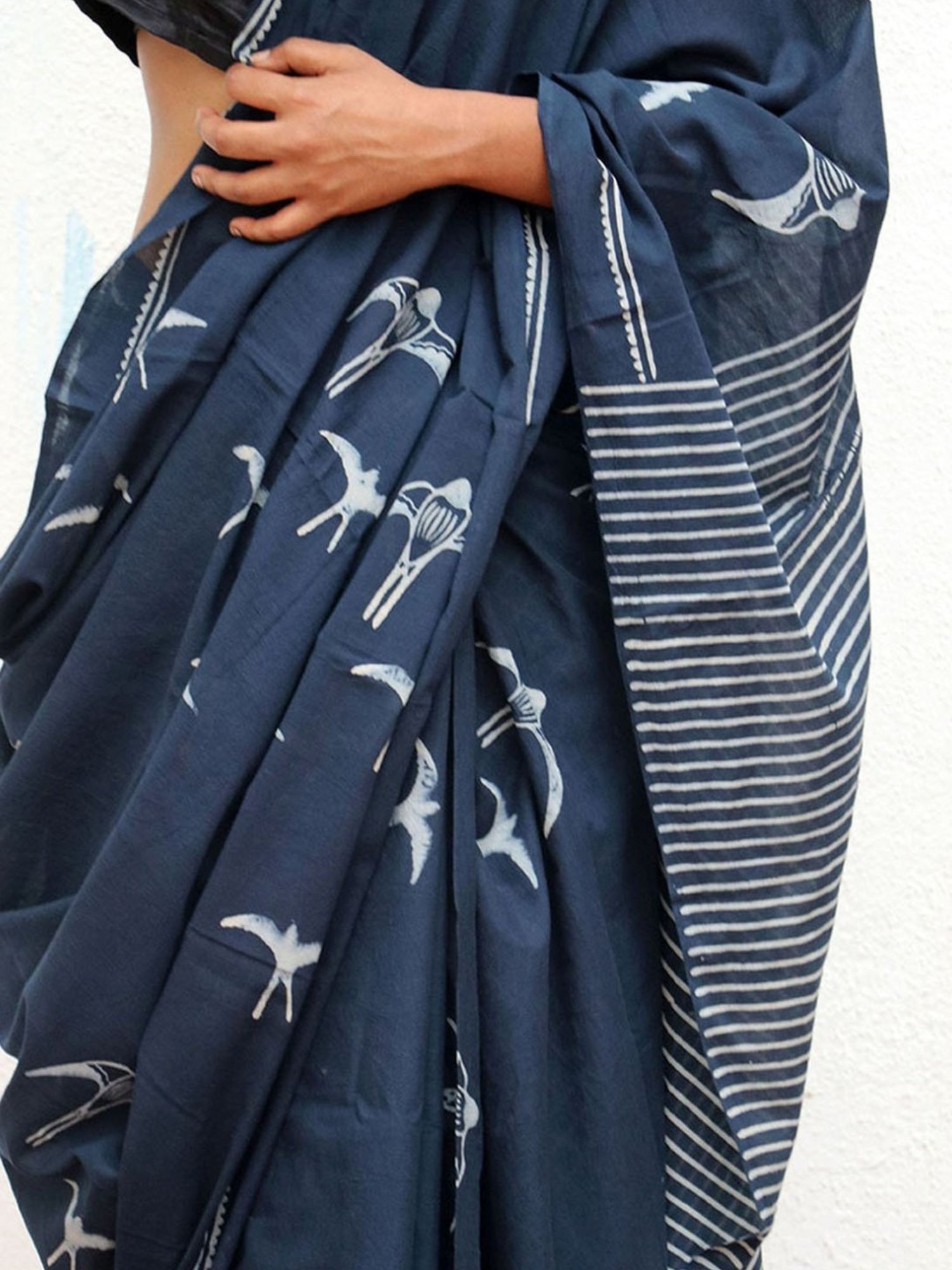 Chidiyaa Blue Fly Me to the Moon Indigo Bird Hand Blockprinted Cotton Saree