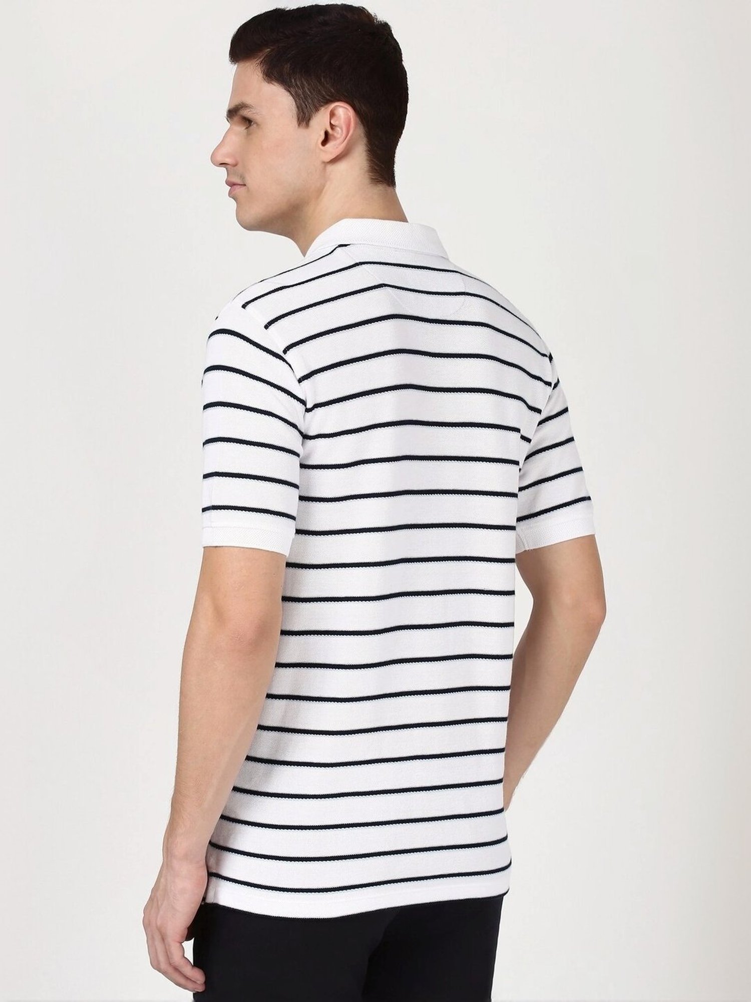 Peter England White Cotton Regular Fit Striped T-Shirt