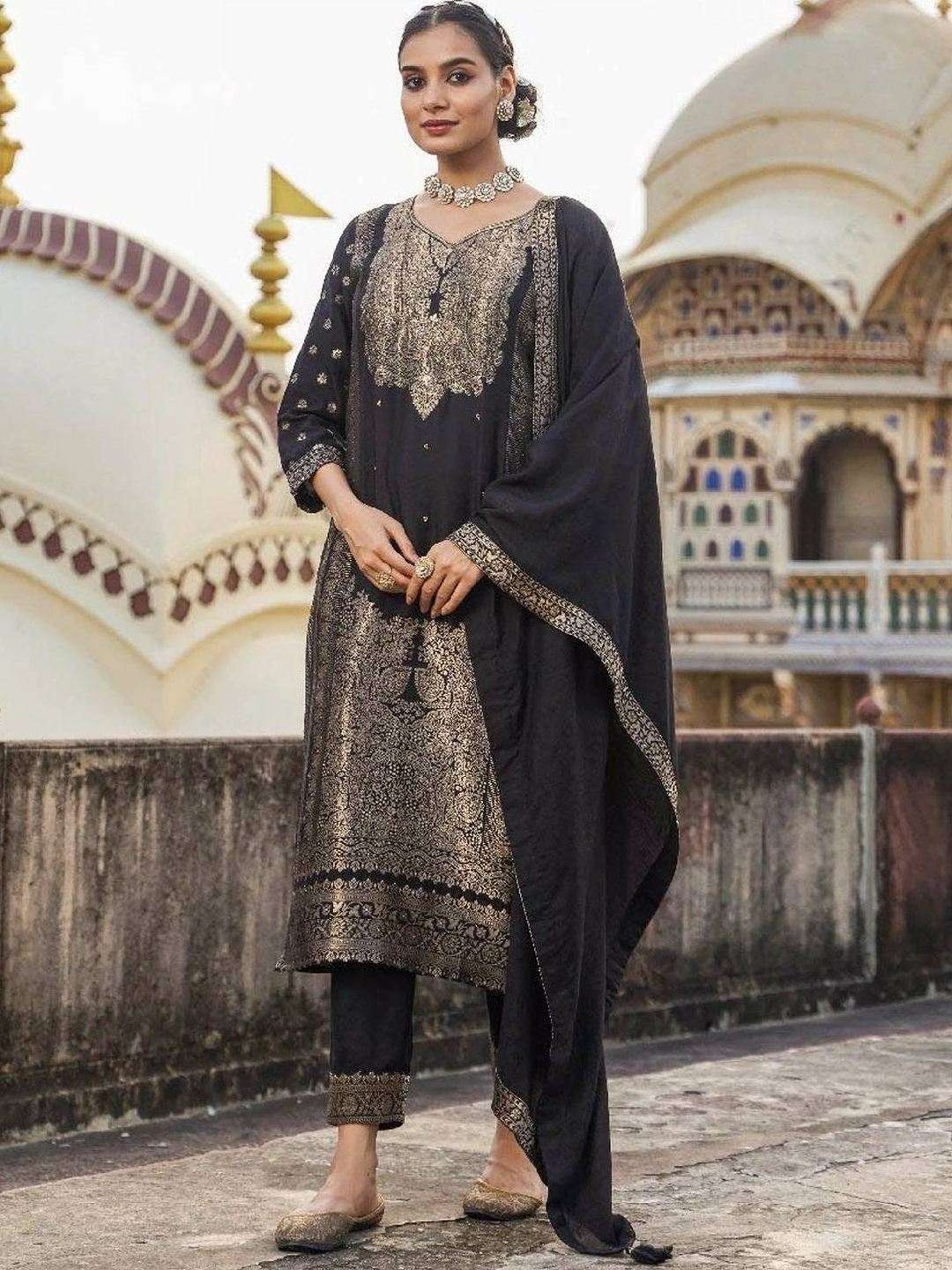 Scakhi Black Dola Silk Jacquard Embellished Kurta and Pant With Dupatta