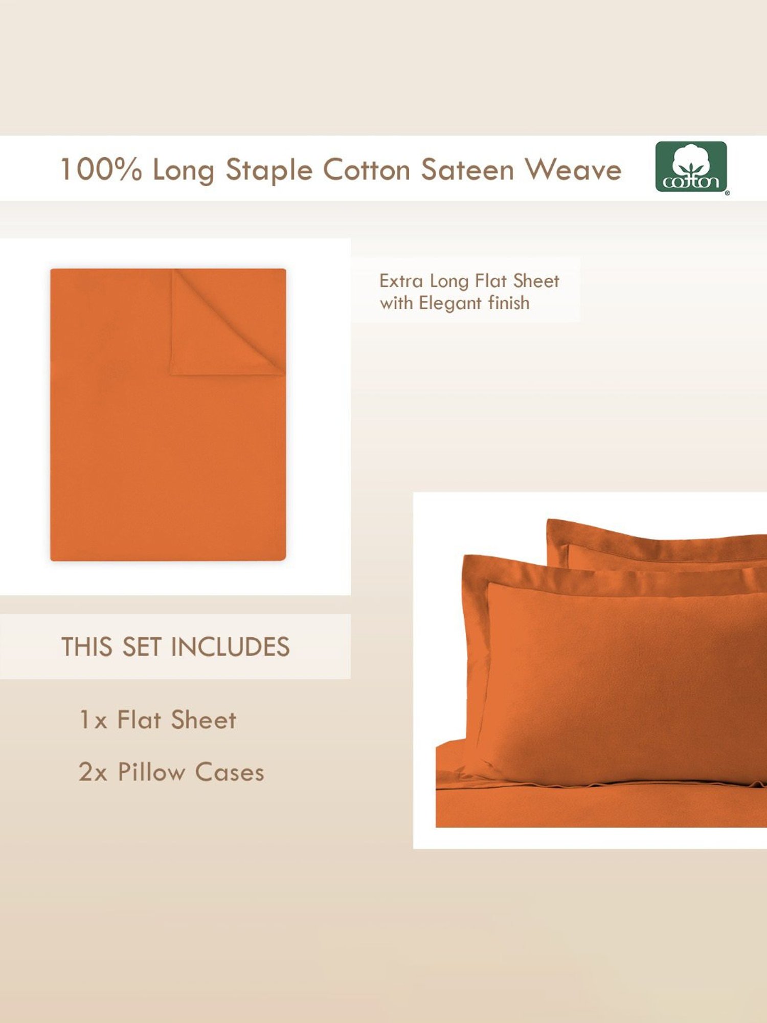 Pizuna Orange 400 TC Cotton Double Bed Sheet with 2 Pillow Covers