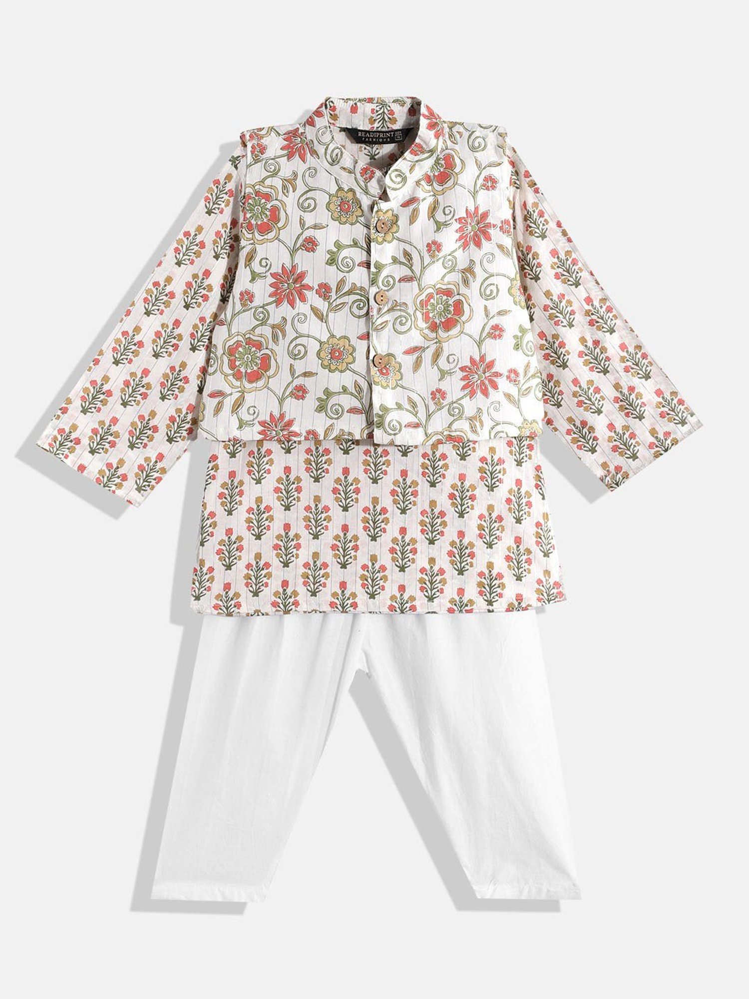 READIPRINT FASHIONS Kids Cream & White Floral Print Full Sleeves Kurta, Nehru Jacket with Pyjamas