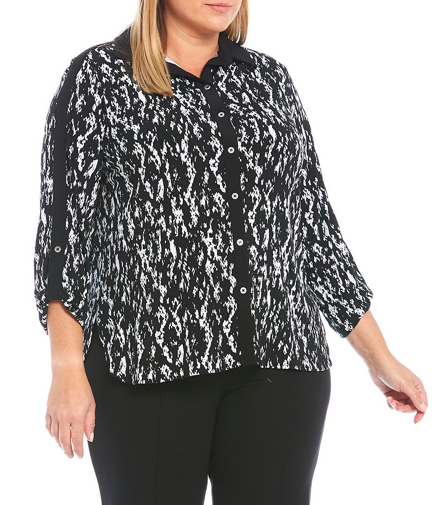 Slim Factor by Investments Plus Size Snakeskin Print Point Collar Neck 3/4 Sleeve Contrast Binding Trim Button Front Shirt