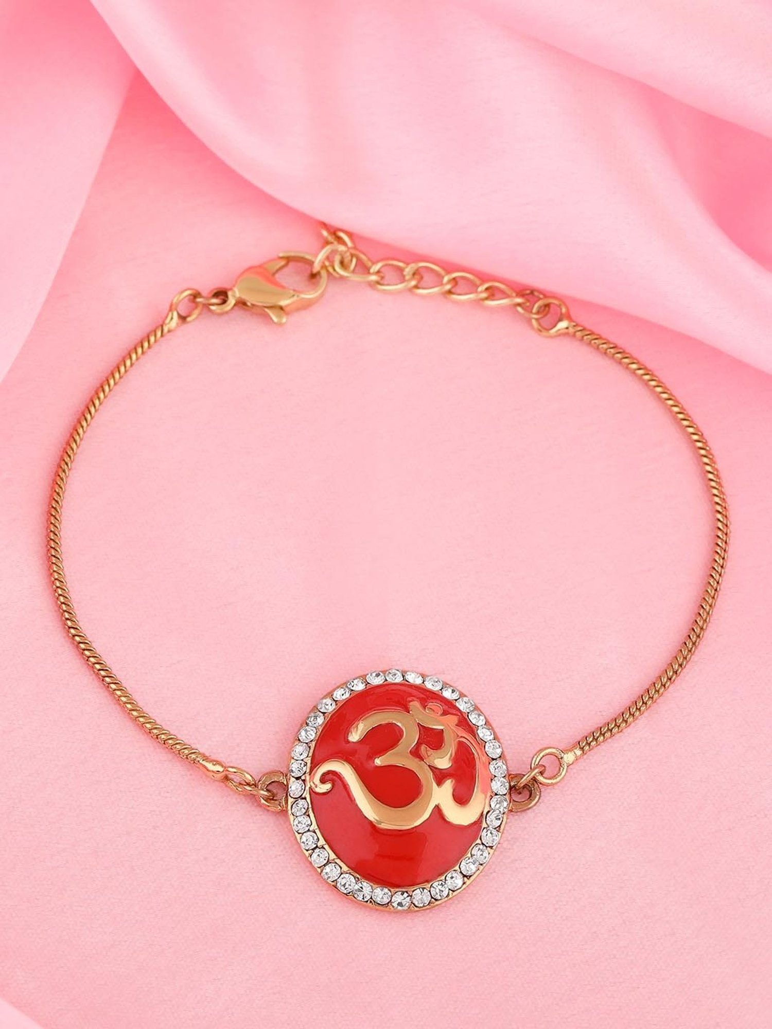 Estele Gold-Plated Eternal Om Bracelet with Red Enamel & Crystals for Women