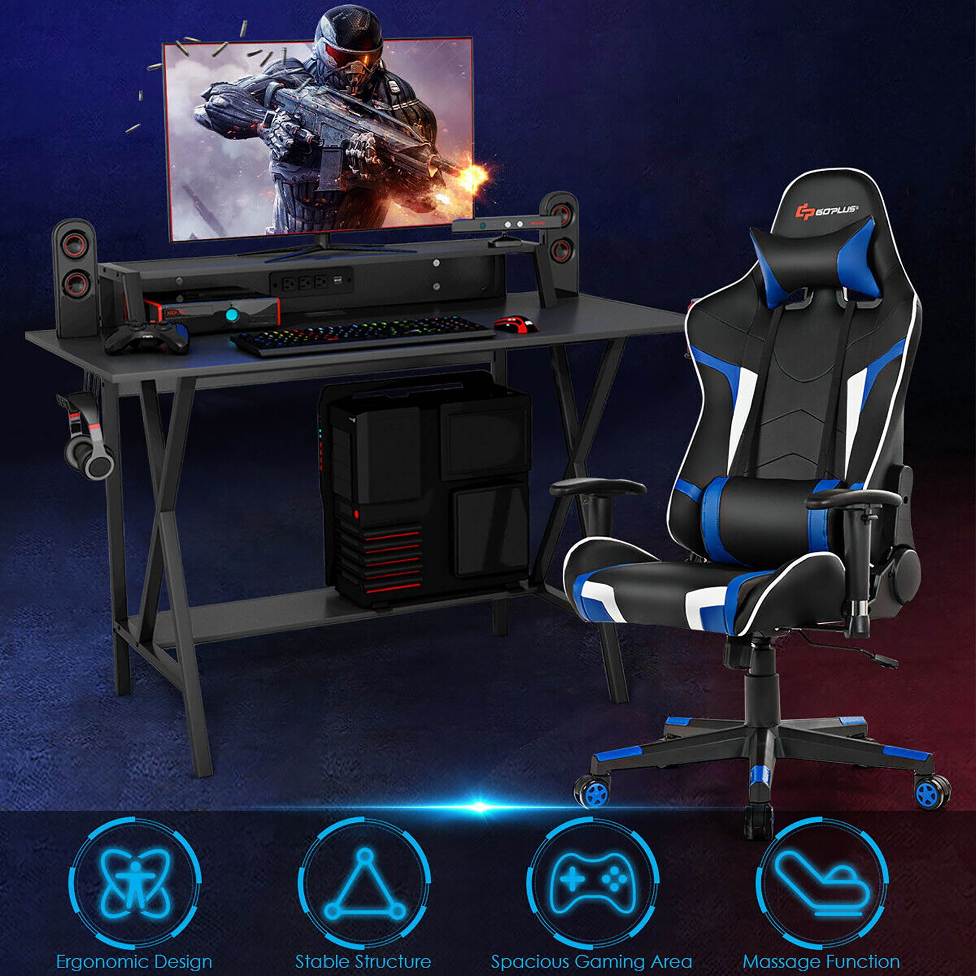 Goplus Gaming Computer Desk&Massage Gaming Chair Set w/Monitor Shelf Power Strip Blue