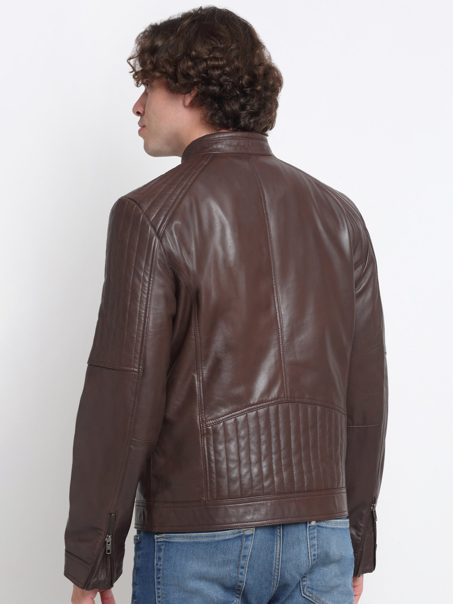 Teakwood Leathers Brown Mandarin Collar Leather Jacket