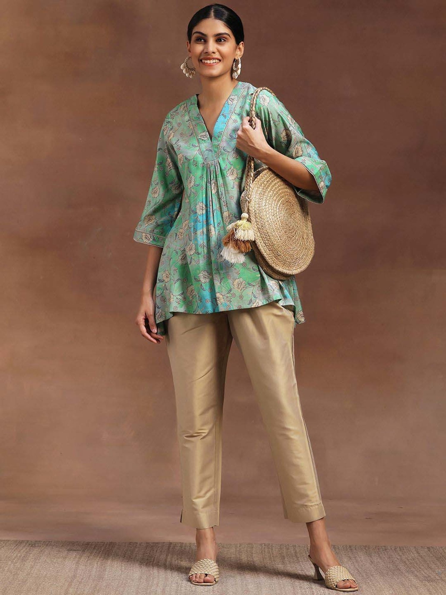 Libas Green Printed A Line Short Kurti