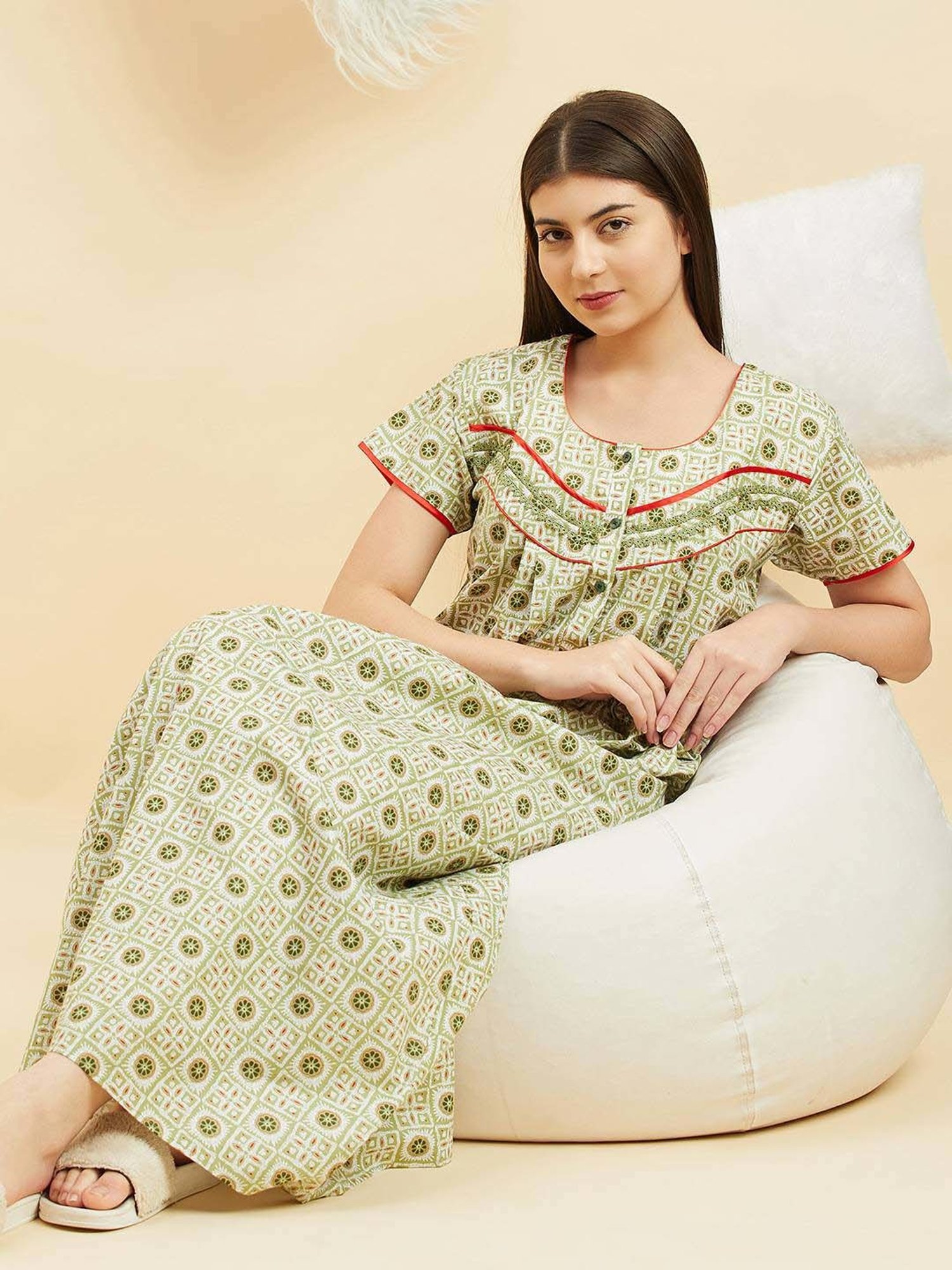 Sweet Dreams Pista Green Cotton Printed Night Gown