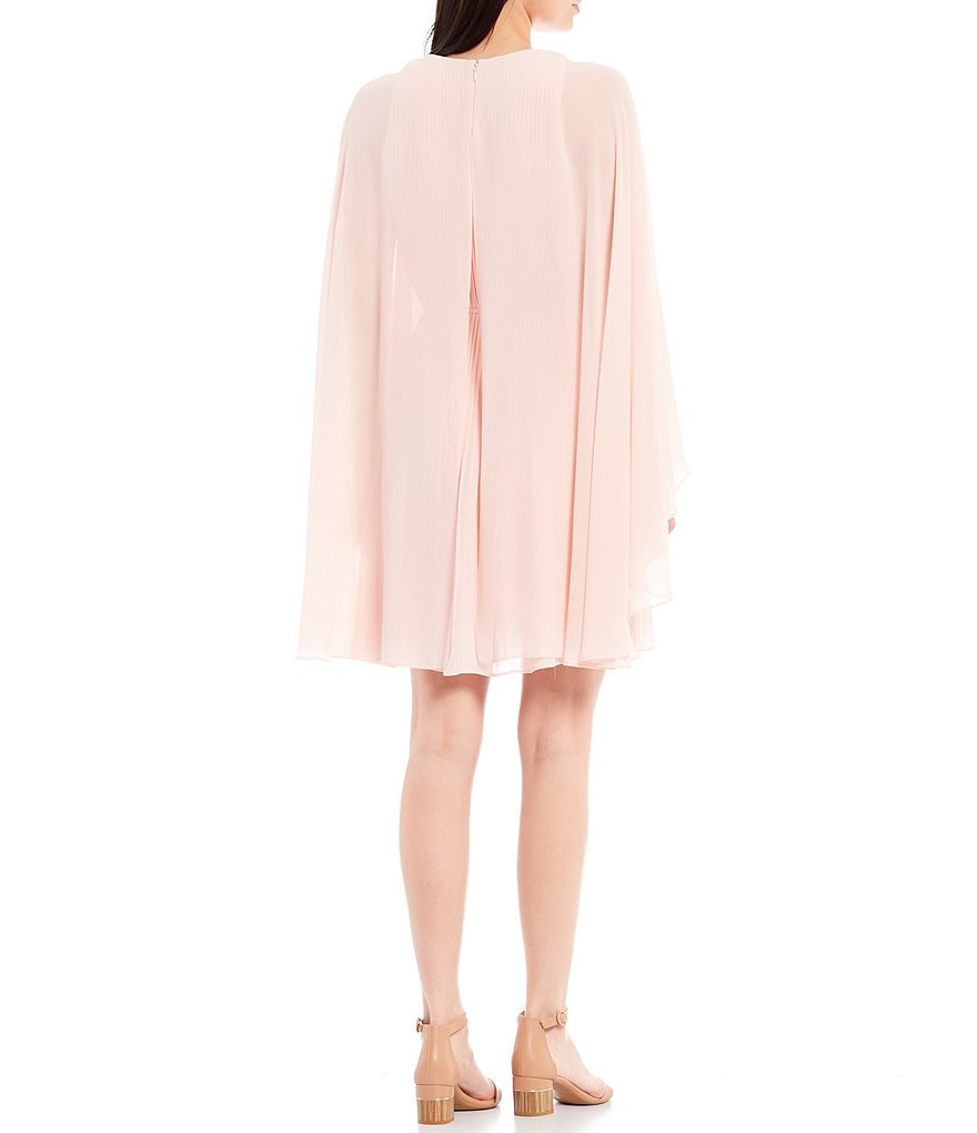 Alex Marie Petite Size Jordan Crew Neck Capelet Sleeve Pleated Chiffon Cape A-Line Dress