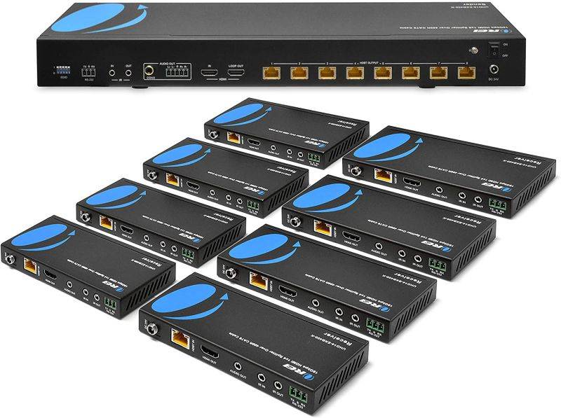 1x8 HDMI Extender Splitter HDBaseT 4K by OREI Multiple Over Single Cable CAT6/7 4K@60Hz 4:4:4 HDCP 2.2 With IR Remote EDID Management, HDR - Up to 400 Ft - Loop Out - Low Latency - Full Support