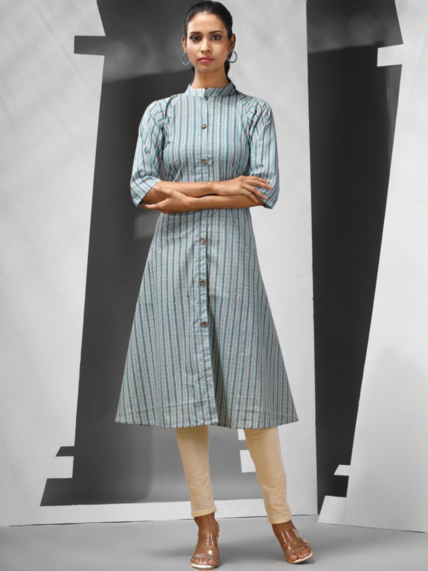 CHARUKRITI Blue Cotton Printed A Line Kurta