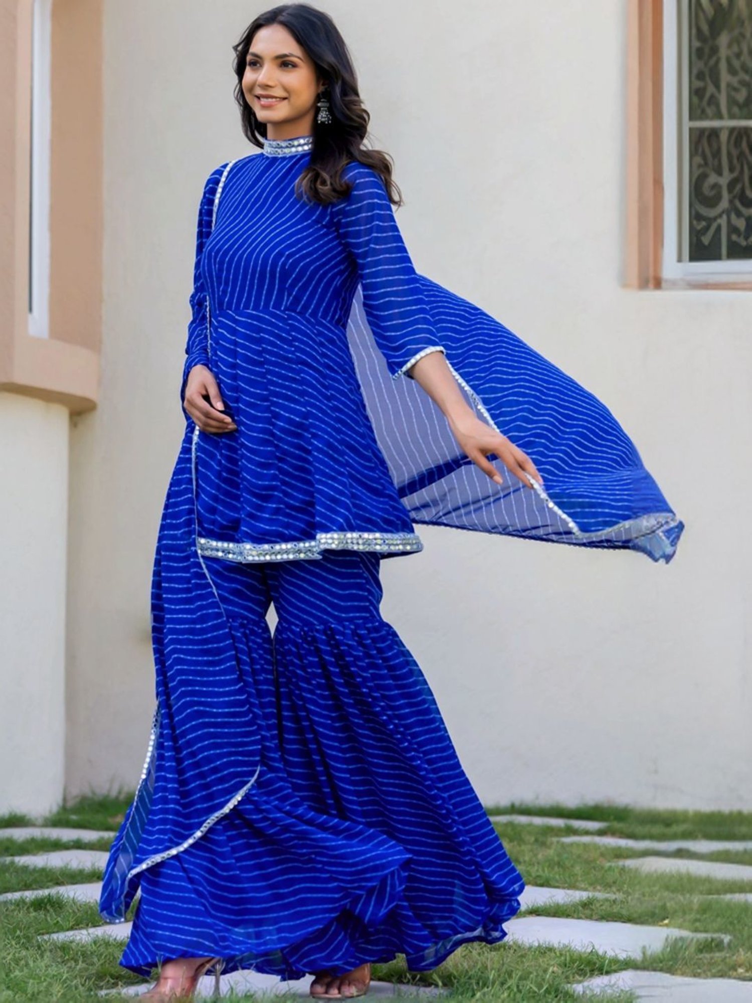 HOUSE OF JAMOTI Blue Printed Short Kurti Sharara Set With Dupatta