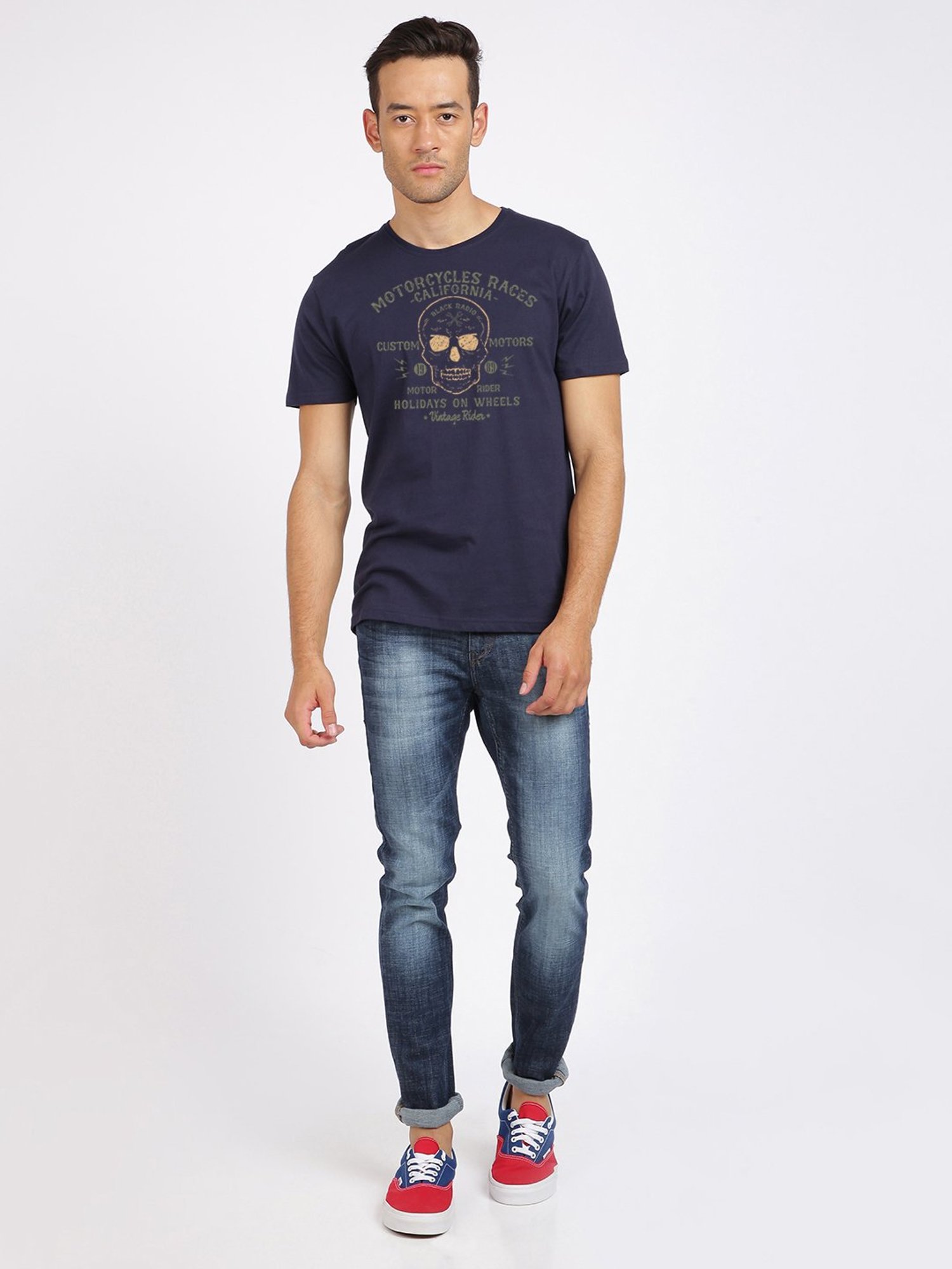 BLACK RADIO Navy Slim Fit Printed Cotton Crew T-Shirt
