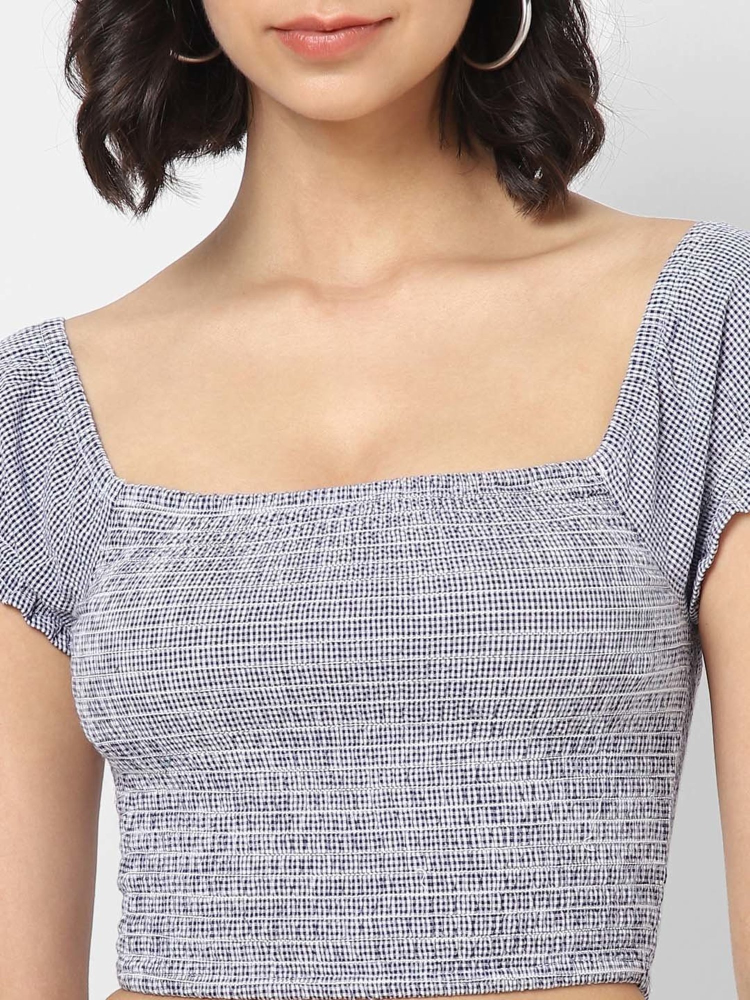 VASTRADO Blue Cotton Chequered Crop Top