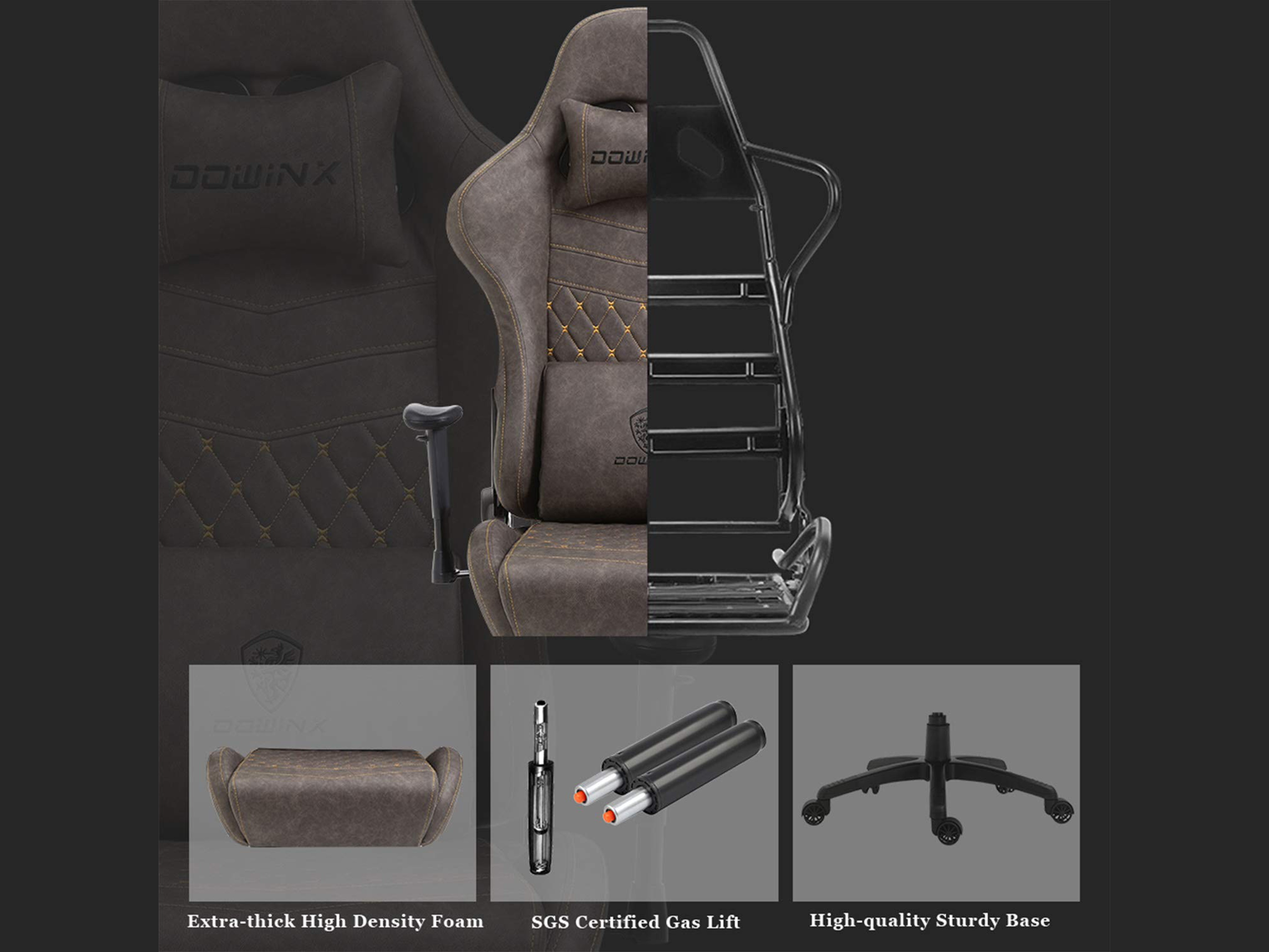 Dowinx Gaming Chair Ergonomic Retro Style Recliner with Massage Lumbar Support Office Armchair for Computer PU Leather with Retractable Footrest Grey