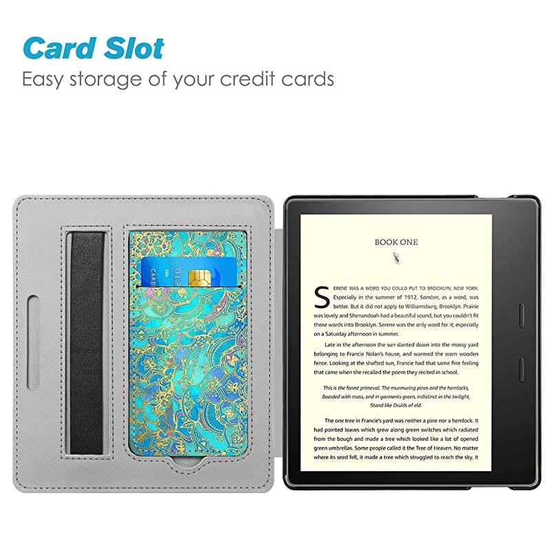 Stand Case for AllNew Kindle Oasis 10th Generation 2019 Release and 9th Generation 2017 Release Premium PU Leather Sleeve Cover with Card Slot and Hand Strap Shades of Blue