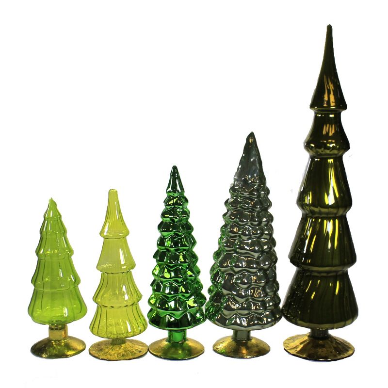Christmas 17.0" Green Hues Glass Trees Set / 5 Decorate Mantle Christmas Decor  -  Decorative Figurines