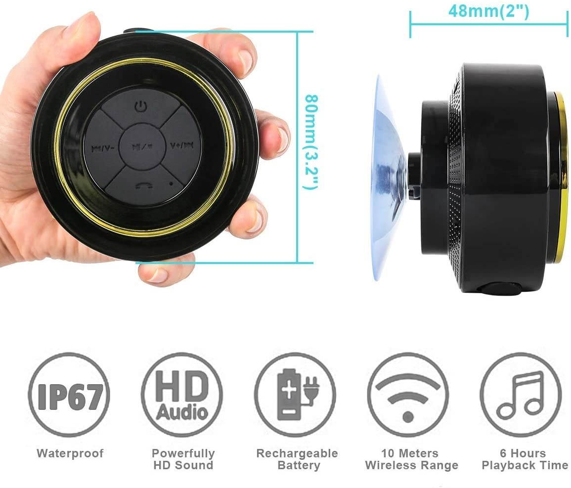 Waterproof Bluetooth Shower Speaker, Portable Wireless Speakerphone with Suction Cup for Outdoor Bathroom Pool Hands-Free Mini Speakers Pairs Easy to Mobile Phones, Tablets, Computers, Radios
