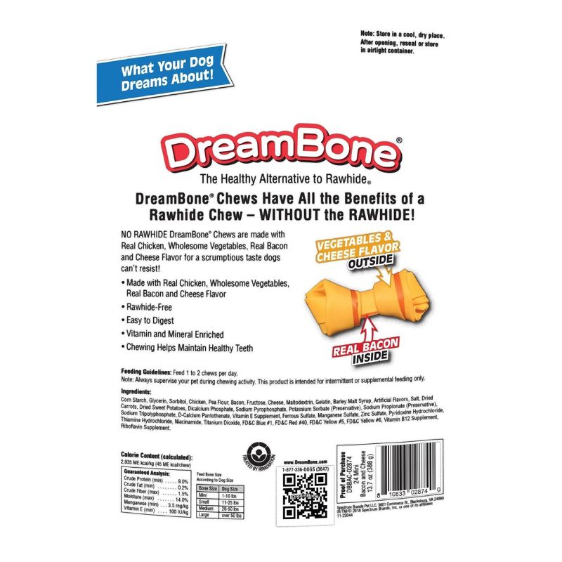 DreamBone Rawhide Free  Dog Chews Bacon & Cheese Mini Bones Dog Treats - 24ct