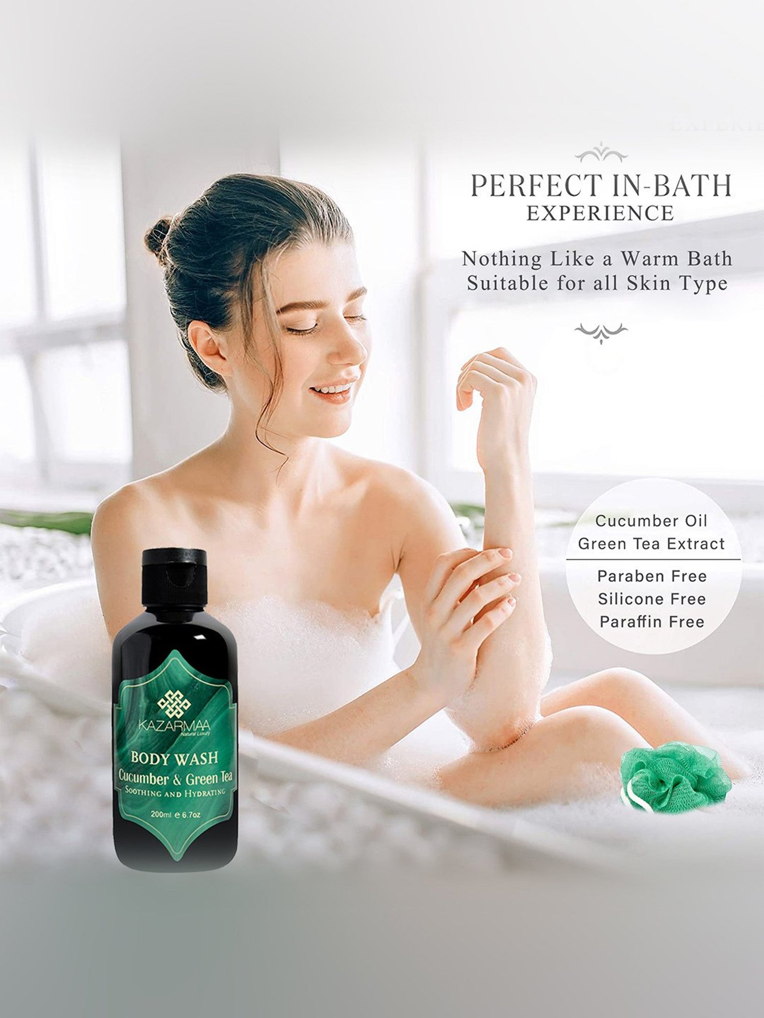 Kazarmaa Soothing, Hydrating Cucumber & Green Tea Body Wash with Loofah - 200 ml