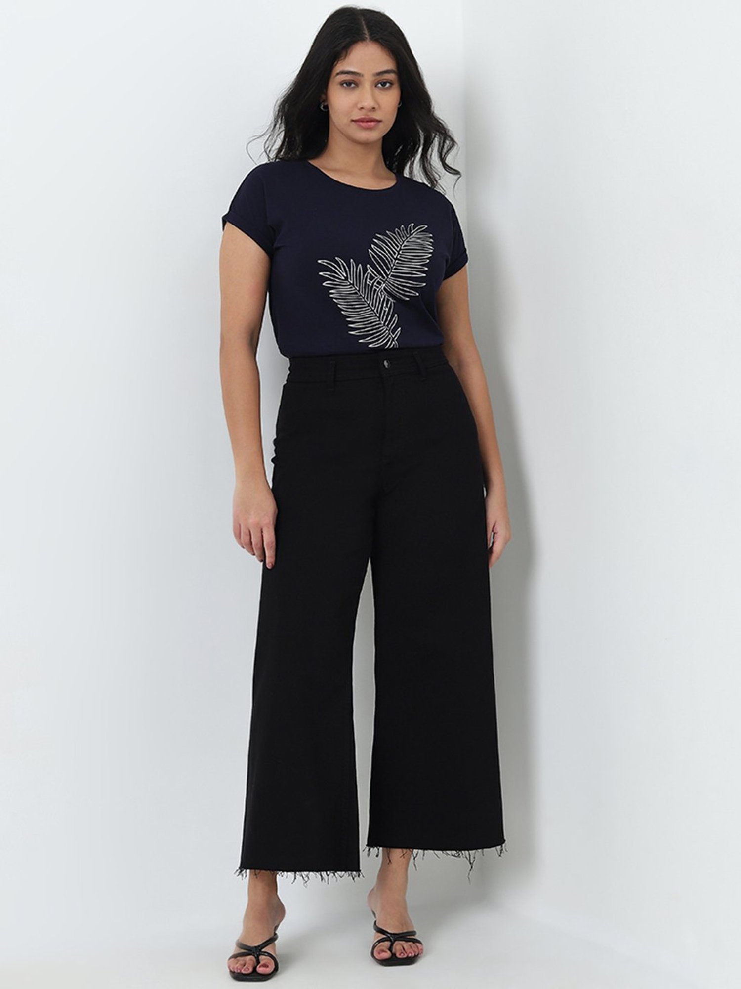 Gia by Westside Navy Blue Leaf Printed Cotton T-Shirt