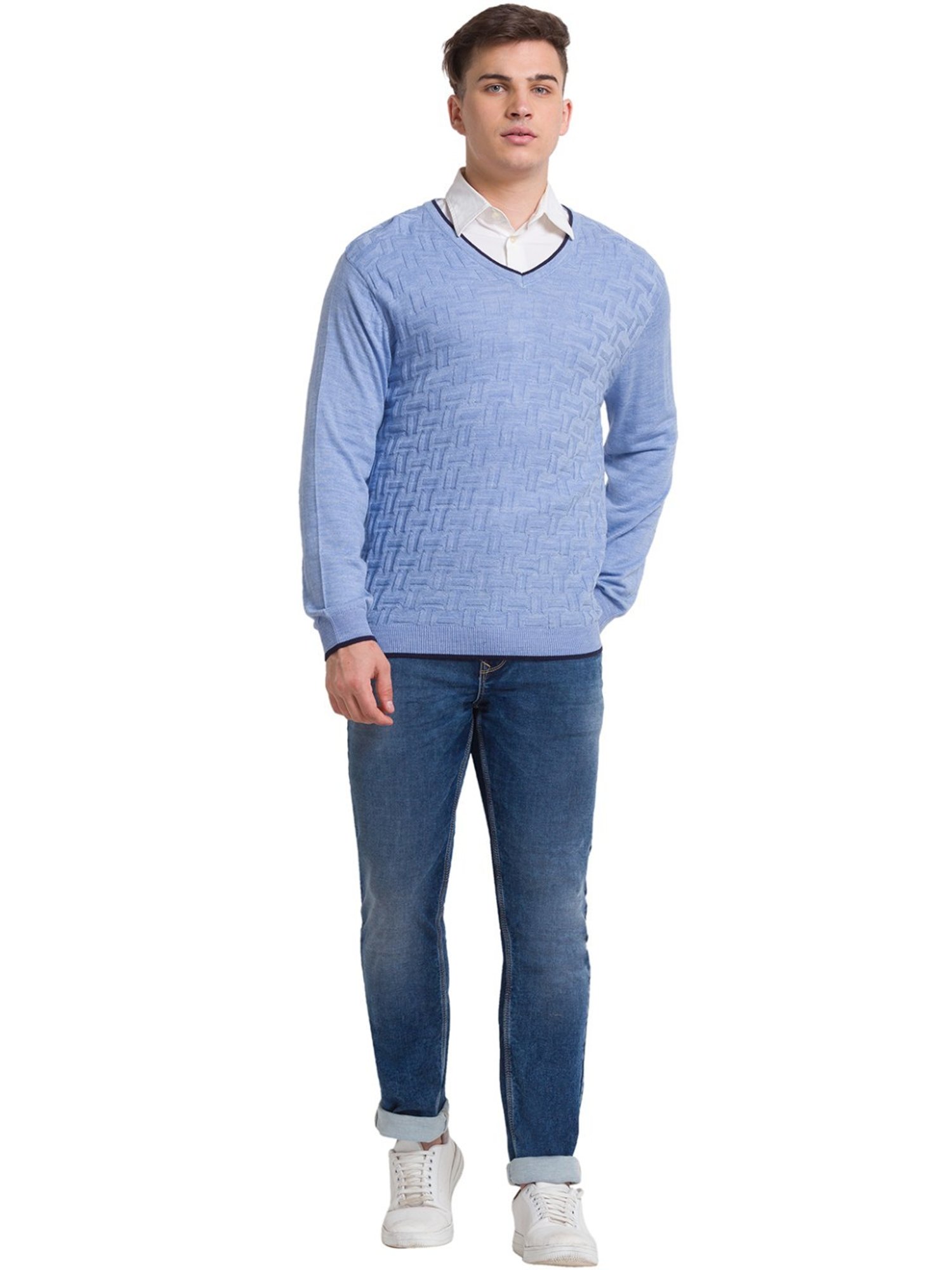 ColorPlus Blue Tailored Fit Self Pattern Sweater