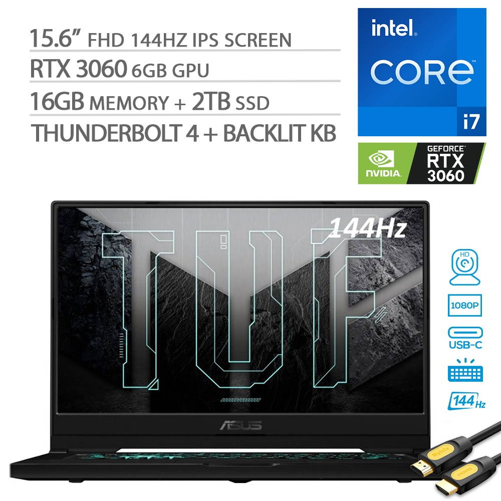 2021 ASUS TUF Dash F15 3060 Gaming Laptop, 144Hz FHD 15.6" 1080p, Intel Core i7-11370H, RTX 3060, 40GB RAM, 2TB SSD, Thunderbolt 4, Backlit KB, WiFi 6, Mytrix HDMI Cable, Win 10