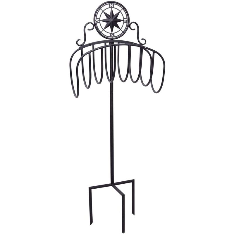 Liberty Garden Decorative Manger Style Water Hose Stand Holder Hanger with Compass Top for Backyard with Heavy Duty 3 Prong Anchor Support, Black