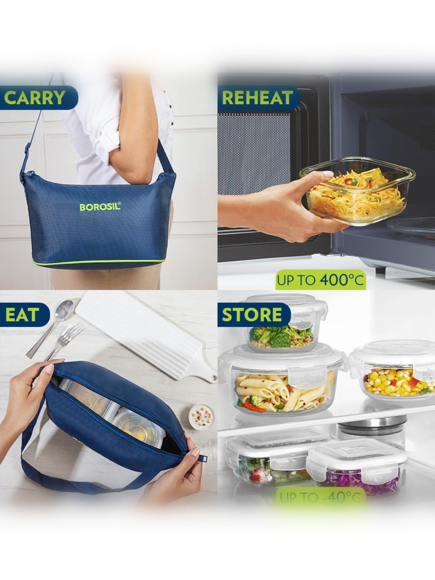 Borosil Glass Daisy Tiffin Box with Microwave Safe Set of 4 (Green , 320 ml)