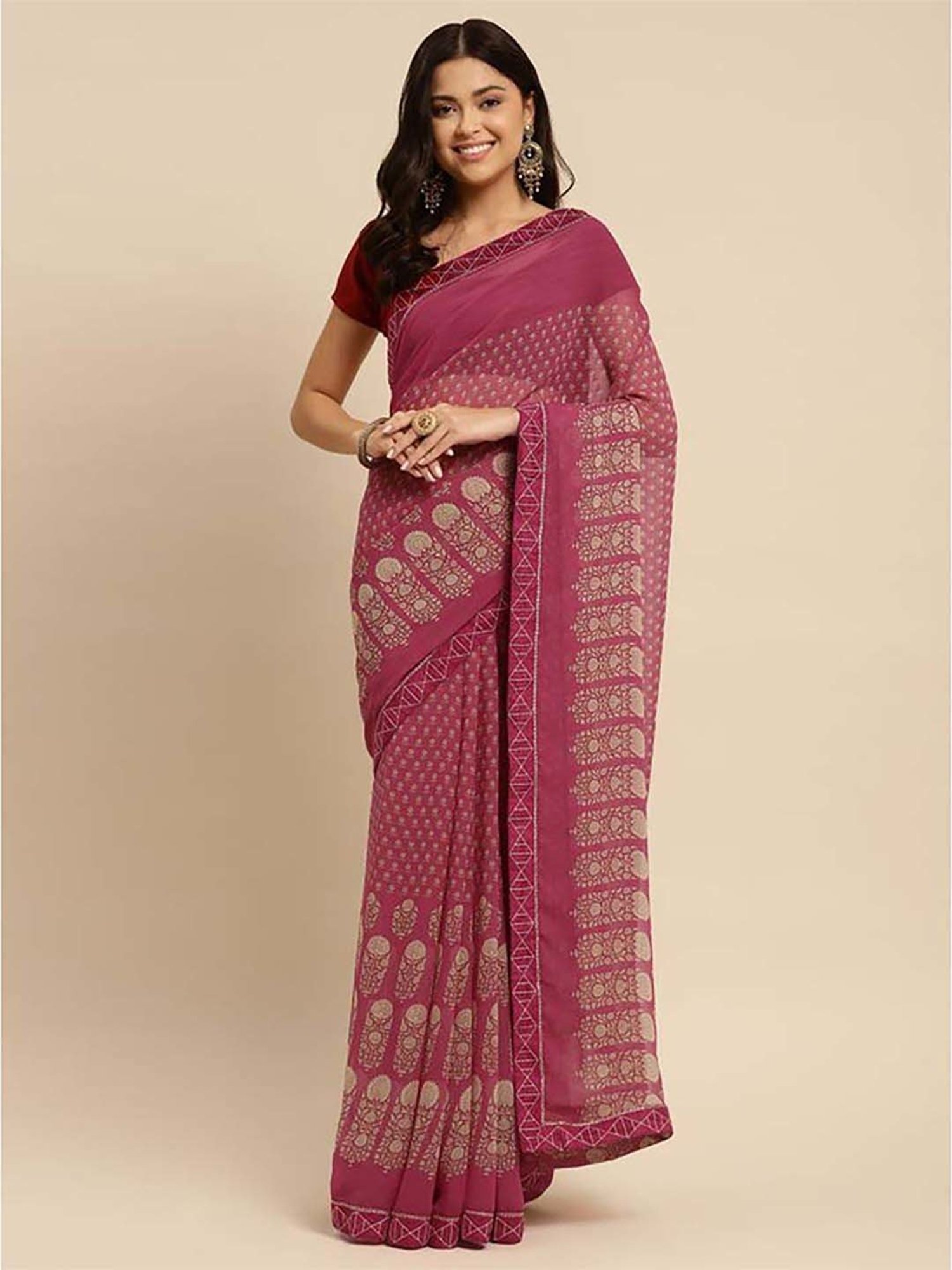 Rangita Purple Floral Print Saree With Unstitched Blouse