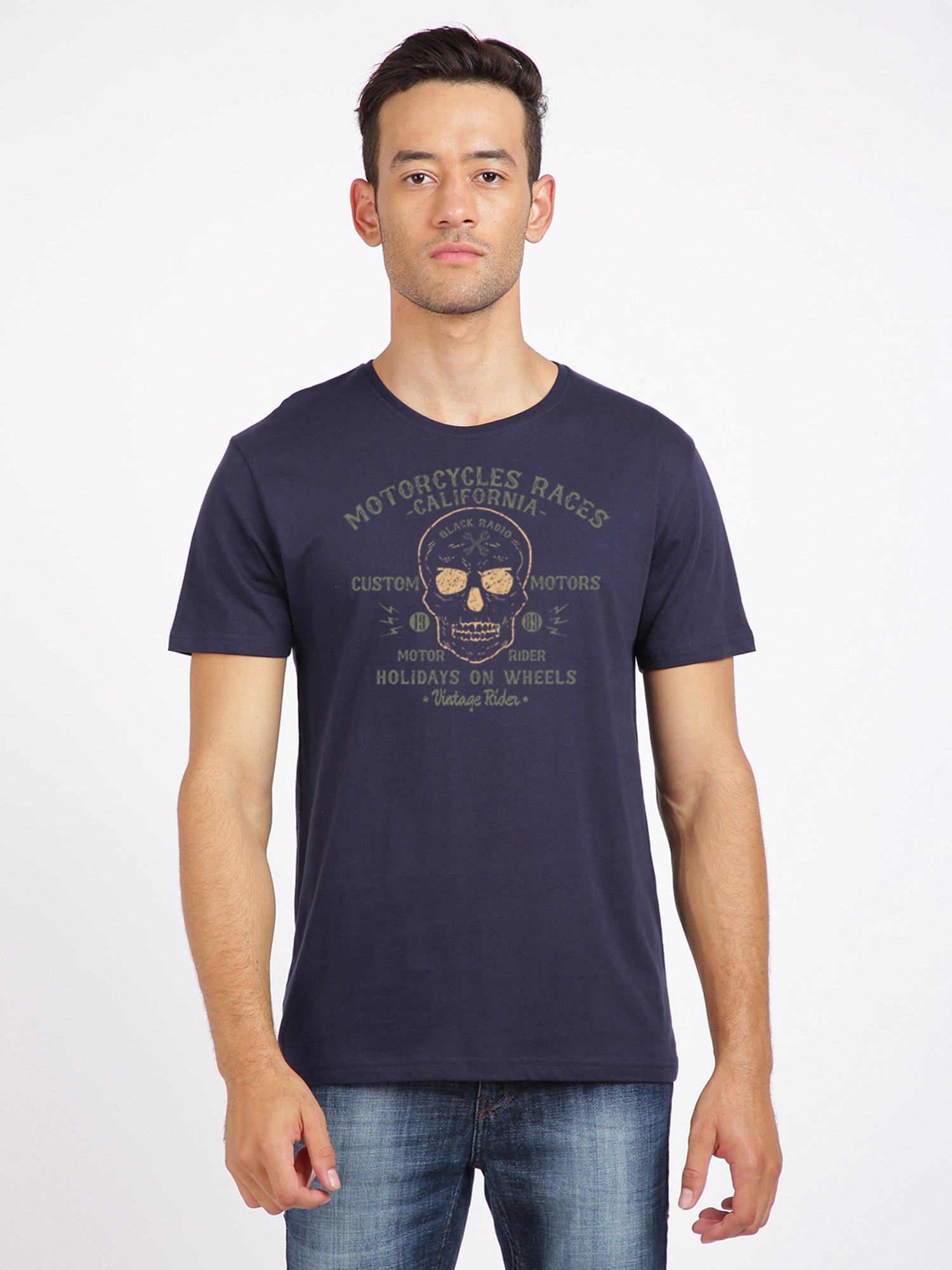 BLACK RADIO Navy Slim Fit Printed Cotton Crew T-Shirt