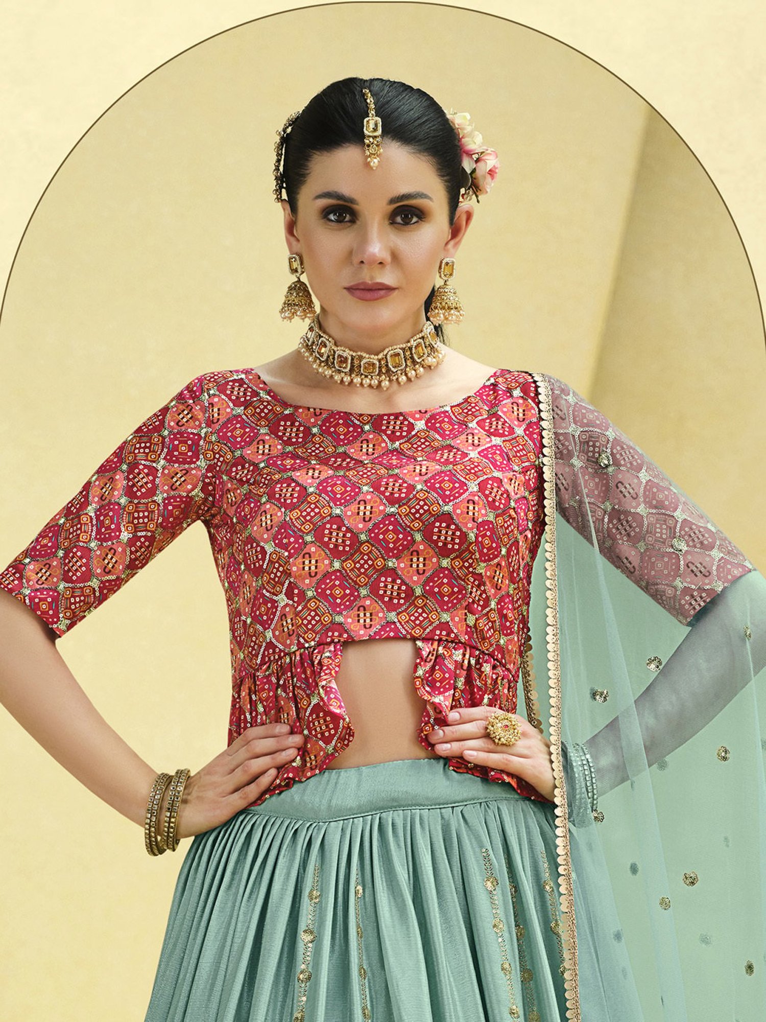 SHUBHKALA Sky Blue & Red Embellished Lehenga and Choli Set With Dupatta