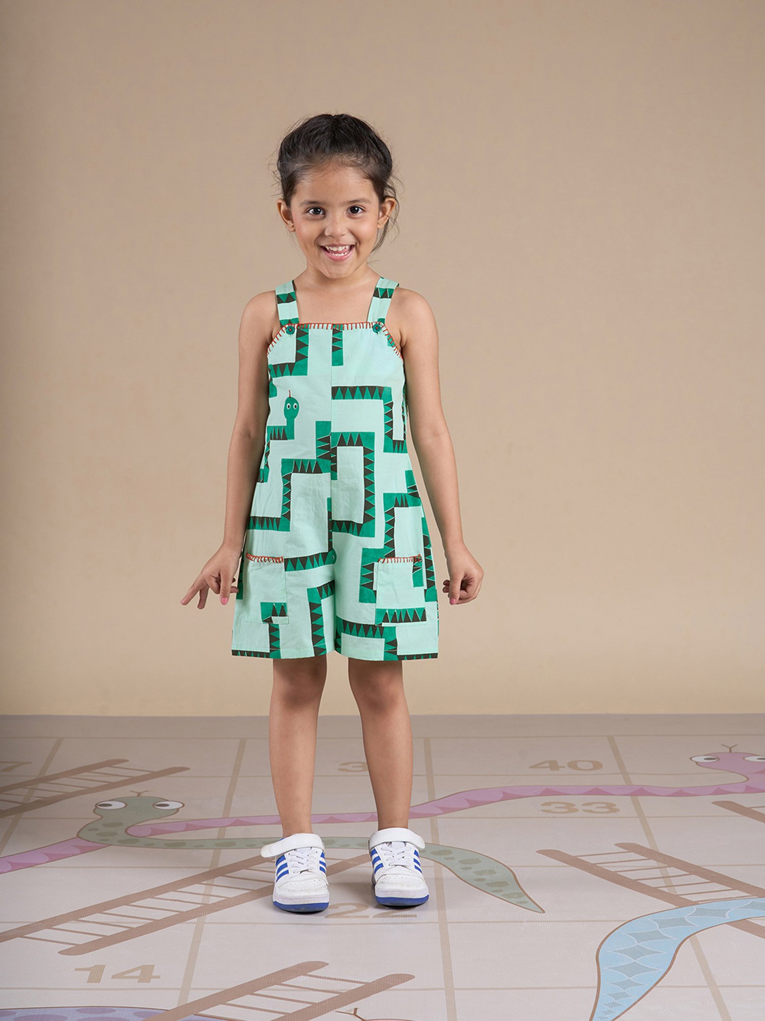 Lil Drama Kids Green Printed Jumpsuit