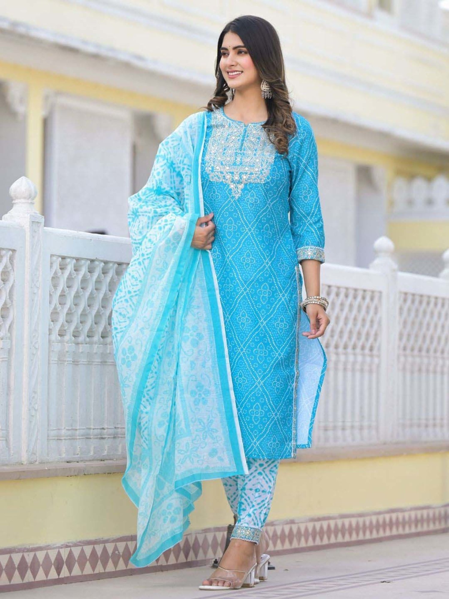 Odette Blue Embroidered Kurta & Salwar Set with Dupatta