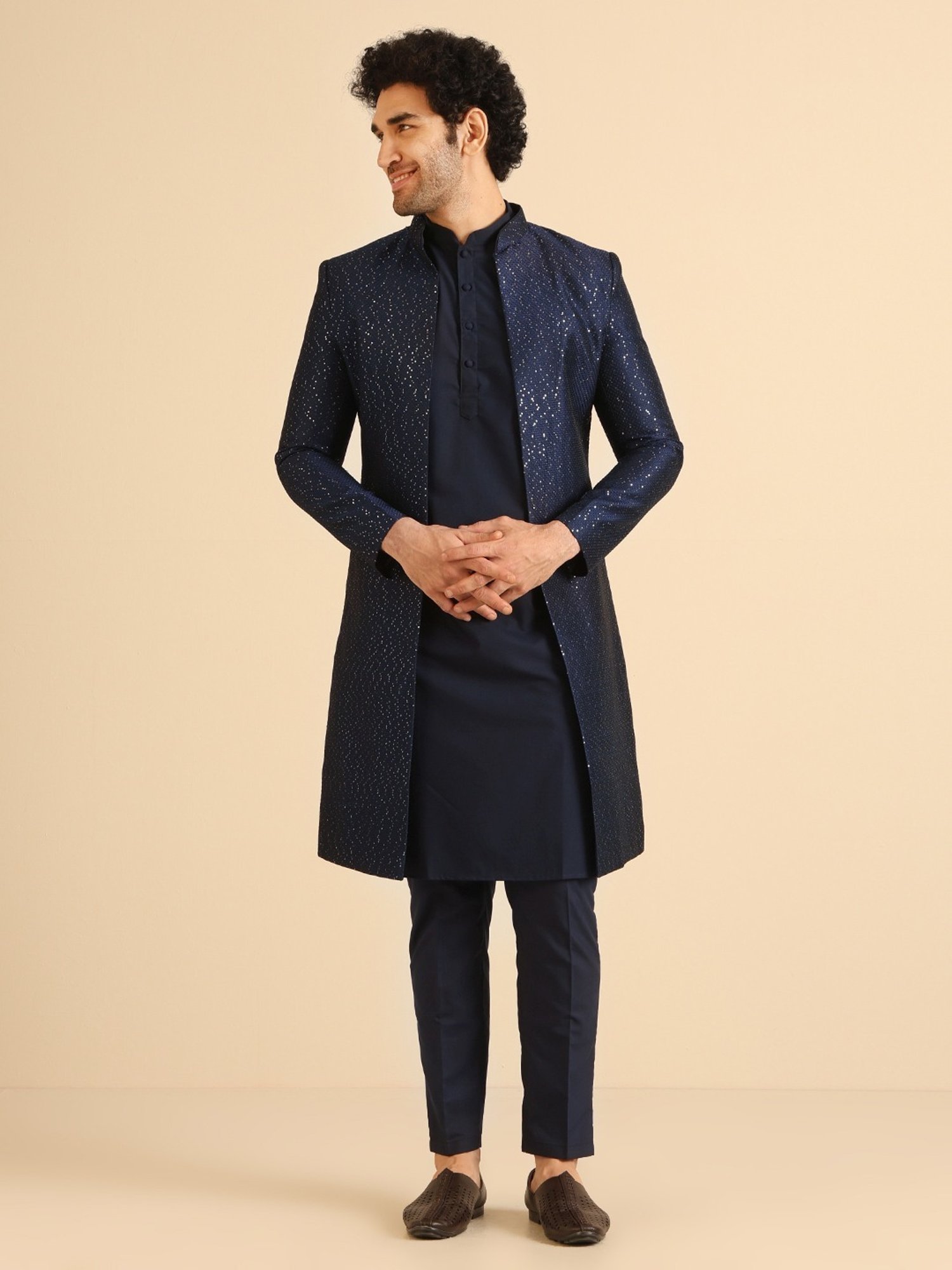 Kisah Navy Regular Fit Embroidered Sherwani Set