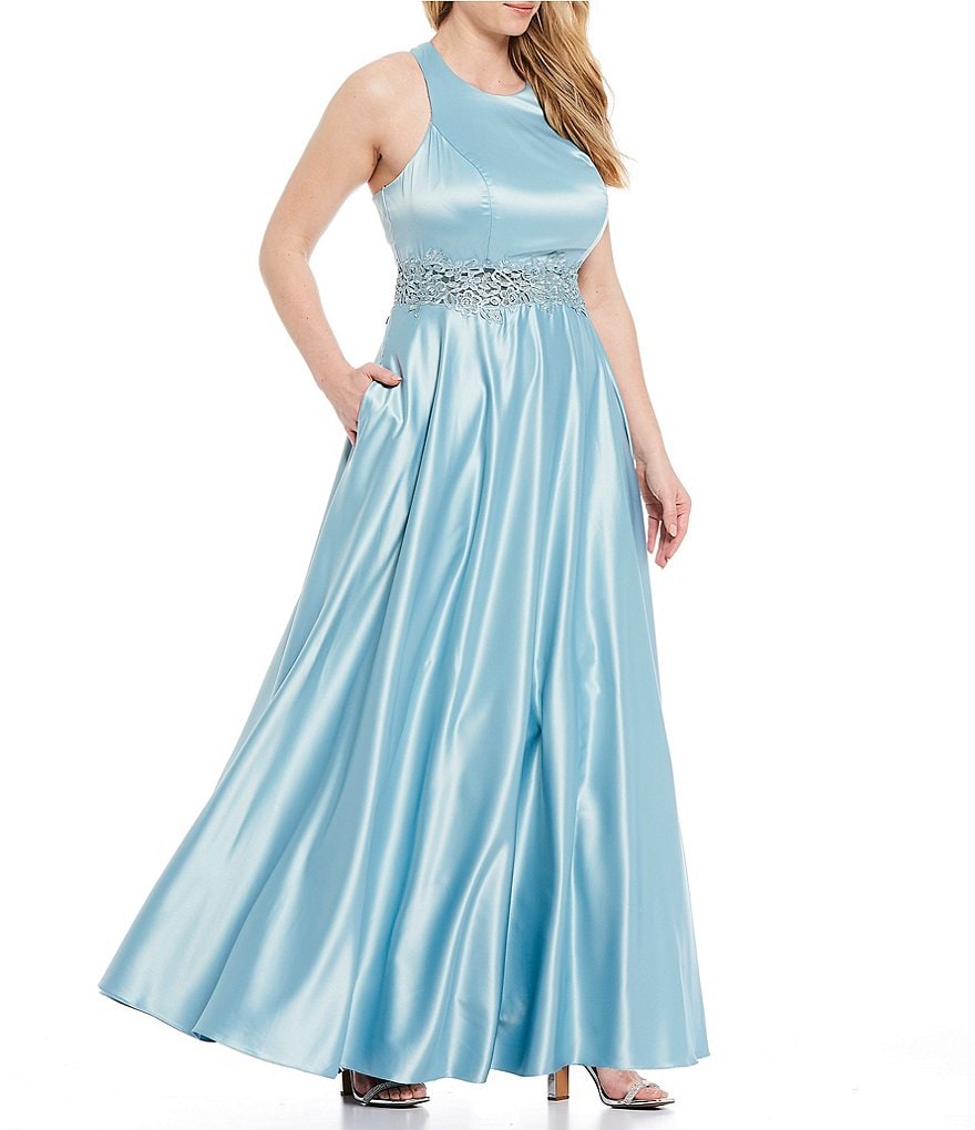 City Vibe Plus Sleeveless Round-Neck Embroidered Waist Satin Ball Gown