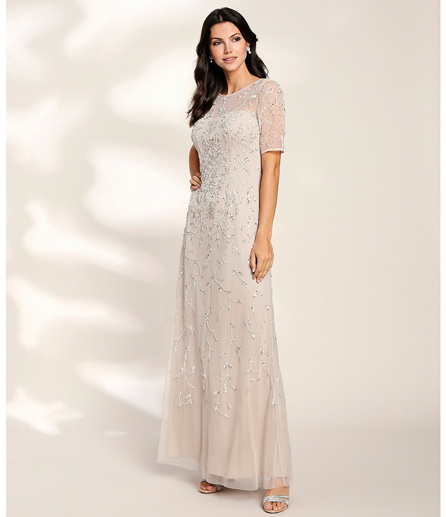 Adrianna Papell Beaded Illusion Jewel Neck Elbow Sleeve Gown
