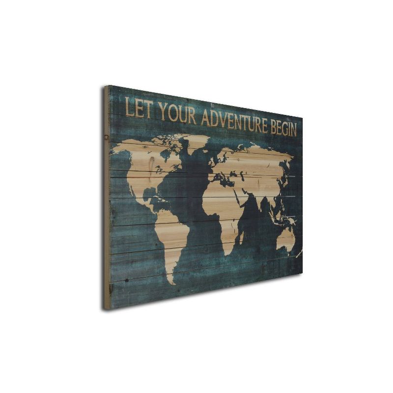 24" x 36" Adventure Begin Map Print on Planked Wood Wall Sign Panel Teal Blue - Gallery 57