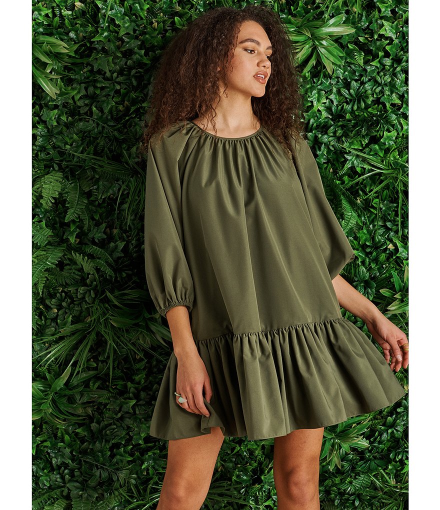 LDT Rachel Jewel Neck Ruffled Poof Swing Dress