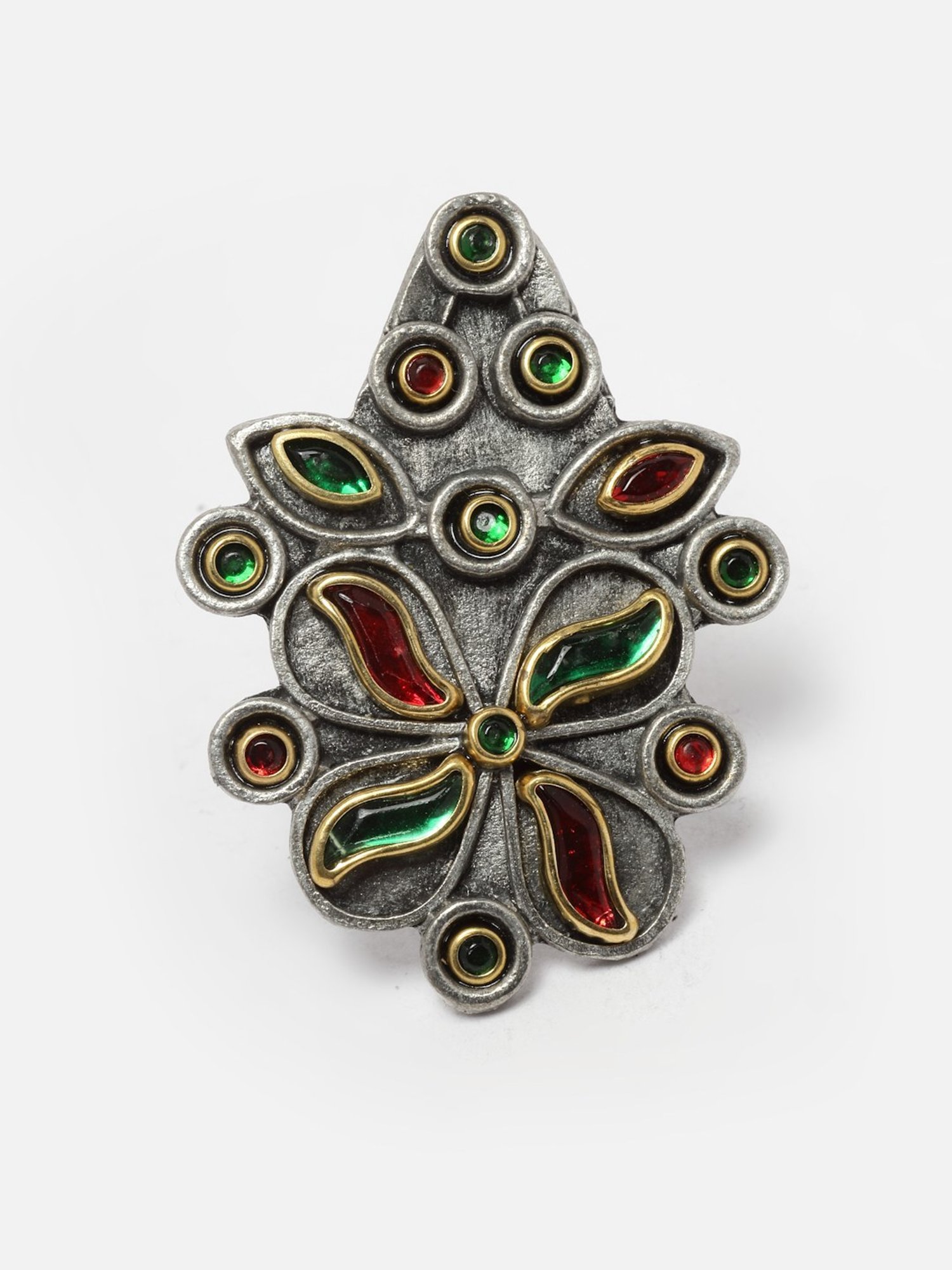 Moedbuille Crystals Studded Antique Tribal Design Oxidised Silver Plated Handcrafted Finger Ring