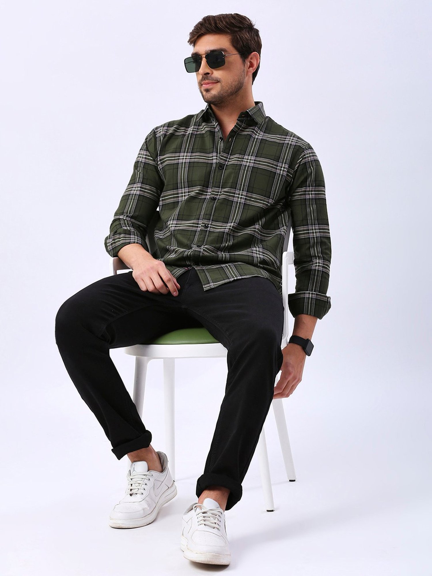 HJ HASASI Green Slim Fit Check Cotton Shirt