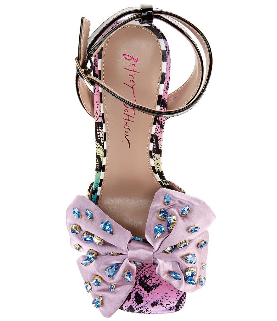 Betsey Johnson Loise Bow Snake Print Sculptural Heel Sandals