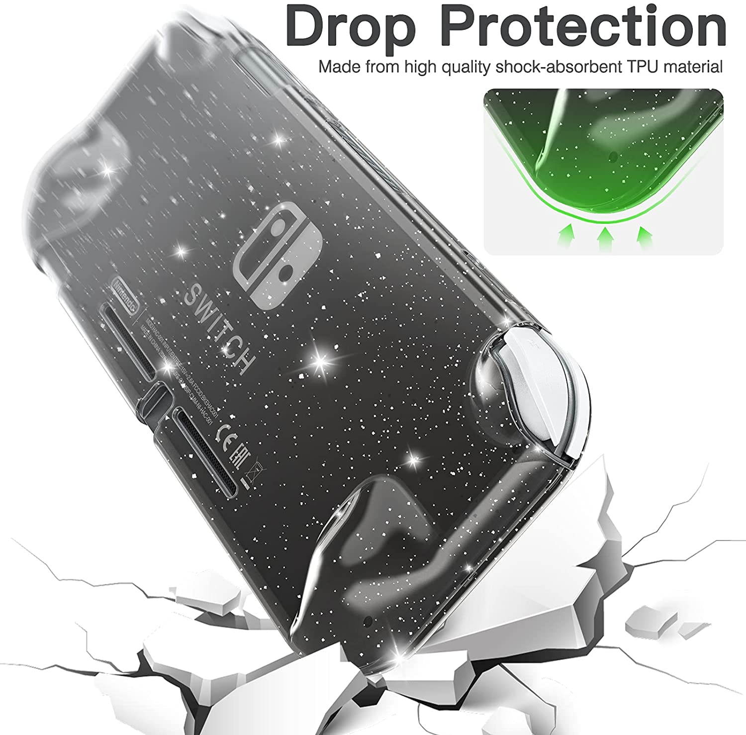 HEYSTOP Case Compatible with Nintendo Switch Lite, with Tempered Glass Screen Protector and 4 Thumb Grip, Front and Back, All-Round Protective case (Black)